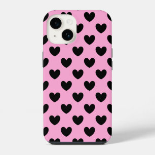 Black polka hearts on cotton candy pink iPhone 14 case