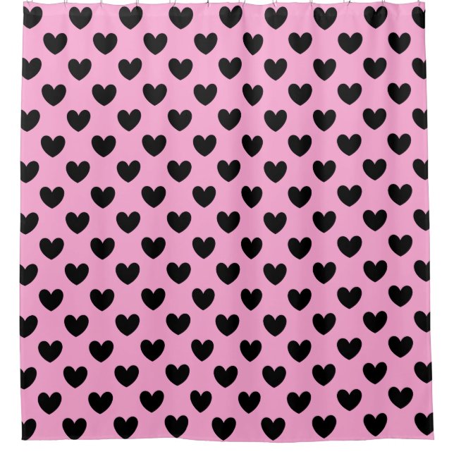 Black polka hearts on cotton candy pink shower curtain (Front)