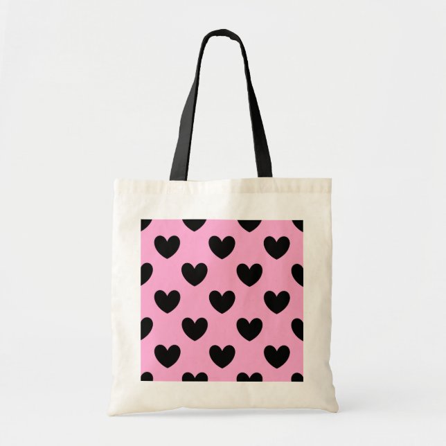 Black polka hearts on cotton candy pink tote bag (Front)
