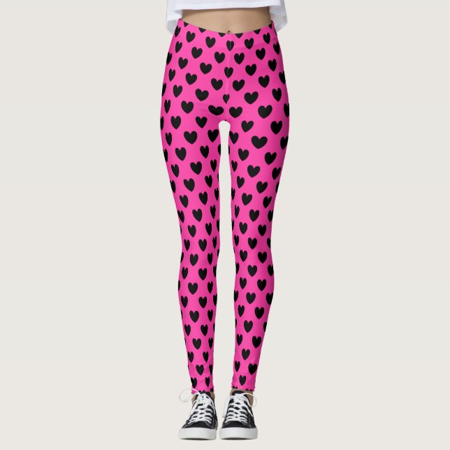 Black polka hearts on fuchsia pink leggings (Front)