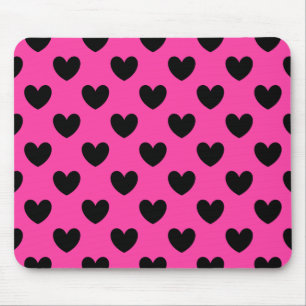Black polka hearts on fuchsia pink mouse pad