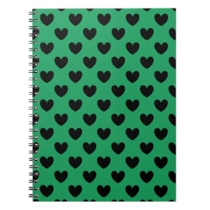 Black polka hearts on Kelly green Notebook