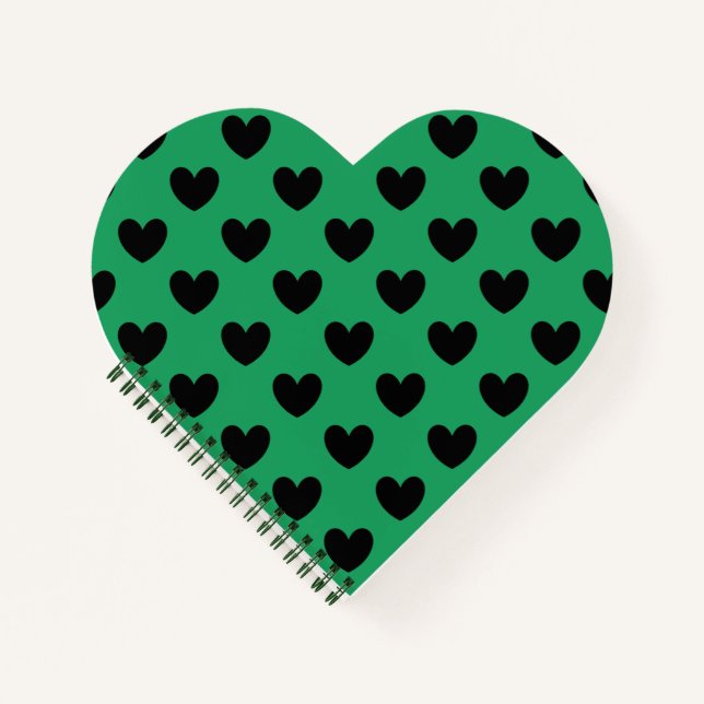 Black polka hearts on Kelly green Notebook (Front)