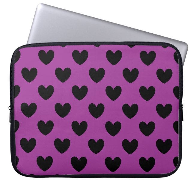 Black polka hearts on purple laptop sleeve (Front)