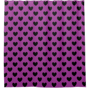 Black polka hearts on purple shower curtain
