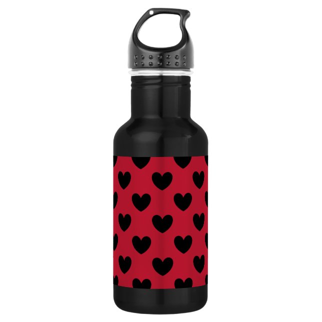 Black polka hearts on red 532 ml water bottle (Front)