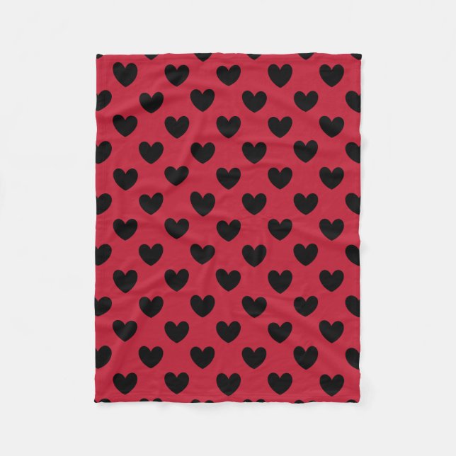 Black polka hearts on red fleece blanket (Front)