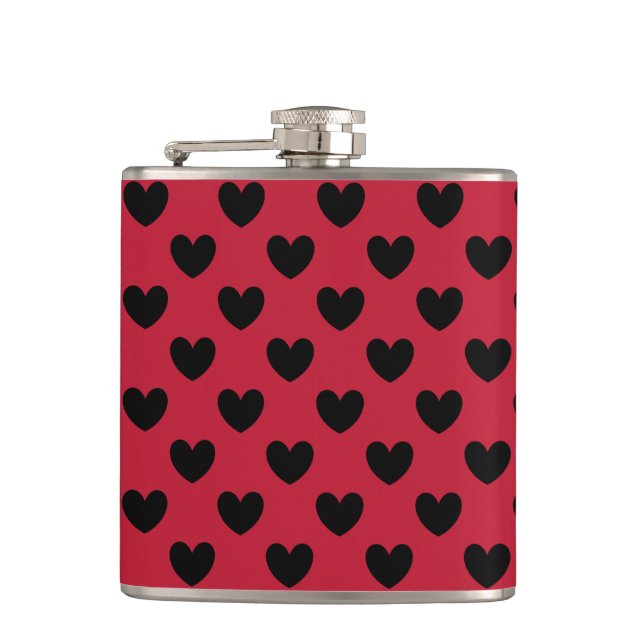 Black polka hearts on red hip flask (Front)
