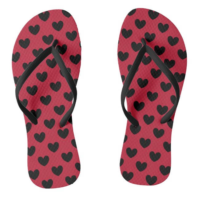 Black polka hearts on red thongs (Footbed)