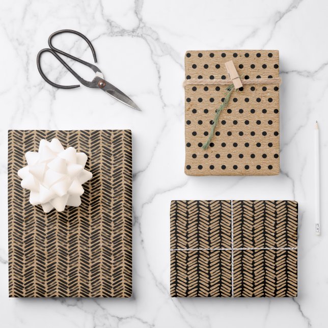 Black Polkadots Chevron Stripes Faux Brown Kraft Wrapping Paper Sheet (Front)