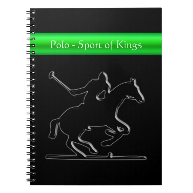 Black Polo Pony and Rider, green chrome-look strip Notebook (Front)