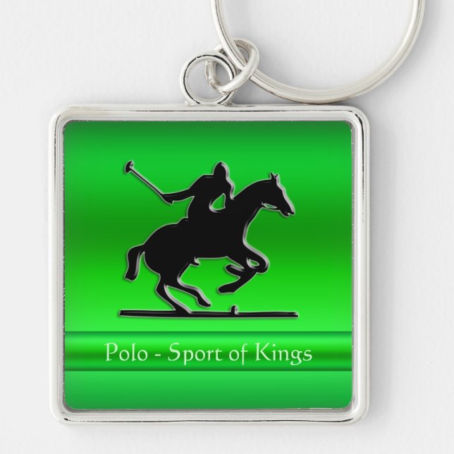 Black Polo Pony and Rider on green chrome-look Key Ring (Front)