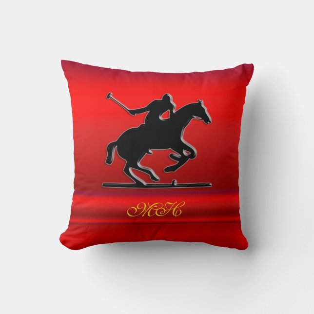 Black Polo Pony and Rider on red chrome-look Cushion (Front)