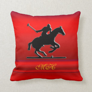 Black Polo Pony and Rider on red chrome-look Cushion