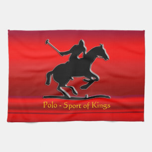 Black Polo Pony and Rider on red chrome-look Tea Towel