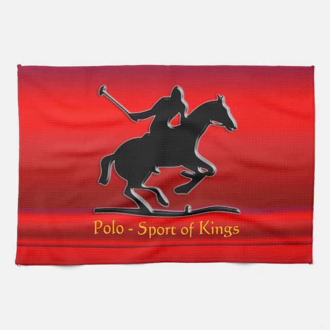 Black Polo Pony and Rider on red chrome-look Tea Towel (Horizontal)