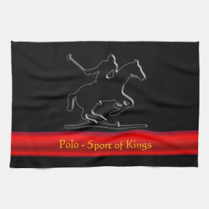 Black Polo Pony and Rider, red chrome-look stripe Tea Towel