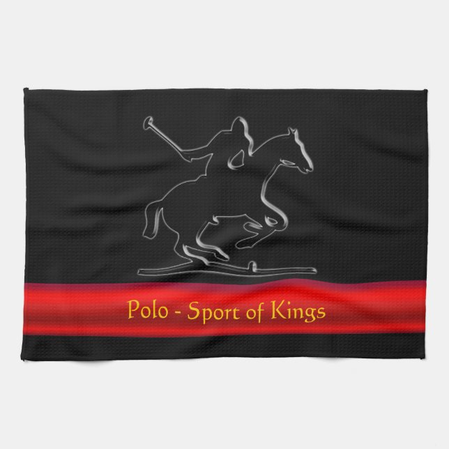 Black Polo Pony and Rider, red chrome-look stripe Tea Towel (Horizontal)