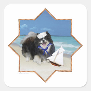 Black Pomeranian at the Beach Square Sticker