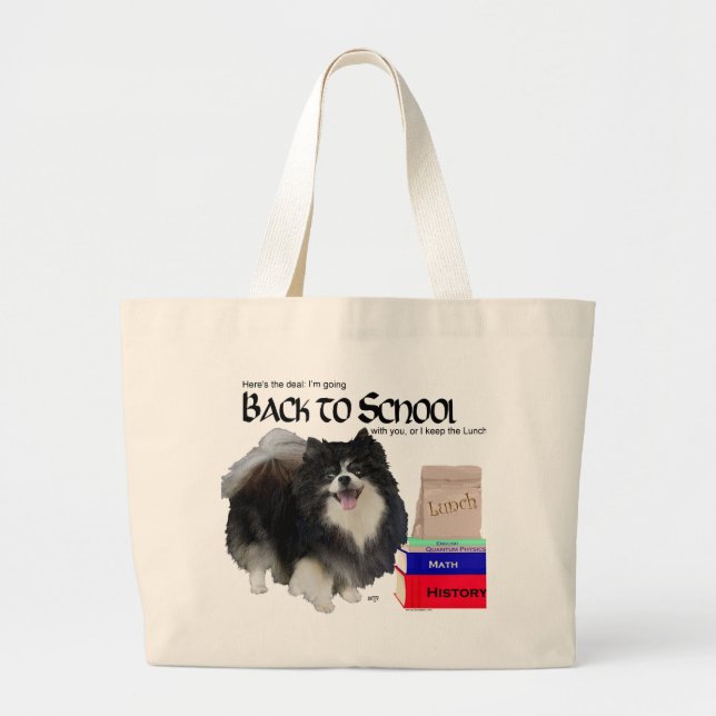 Black Pomeranian Back to School Large Tote Bag (Front)