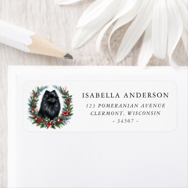 Black Pomeranian Christmas Wreath Return Address Label (Insitu)