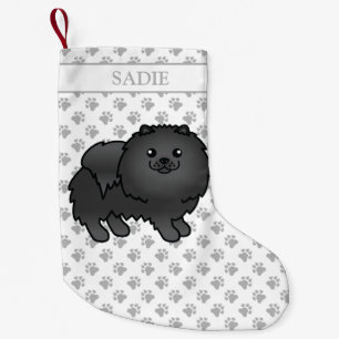 Black Pomeranian Cute Cartoon Dog & Name Small Christmas Stocking