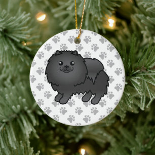 Black Pomeranian Cute Cartoon Dog & Paws Ceramic Ornament