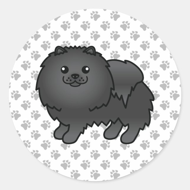Black Pomeranian Cute Cartoon Dog & Paws Classic Round Sticker (Front)