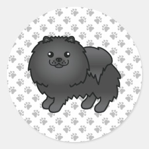 Black Pomeranian Cute Cartoon Dog & Paws Classic Round Sticker