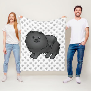 Black Pomeranian Cute Cartoon Dog & Paws Fleece Blanket