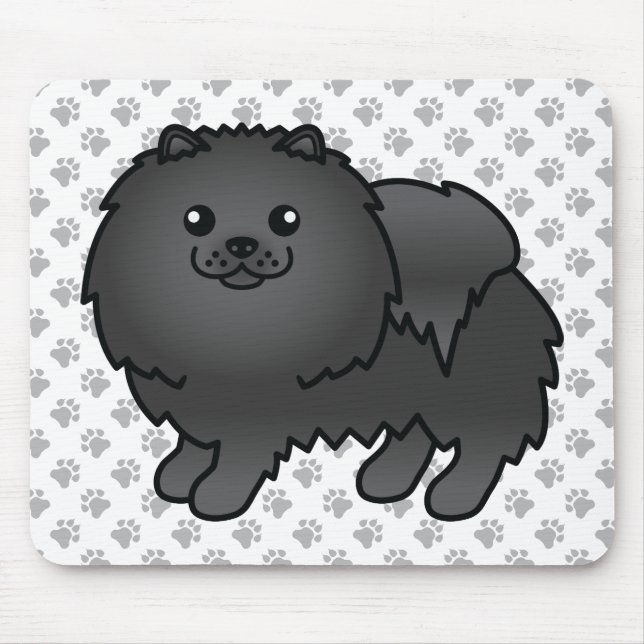 Black Pomeranian Cute Cartoon Dog & Paws Mouse Pad (Front)