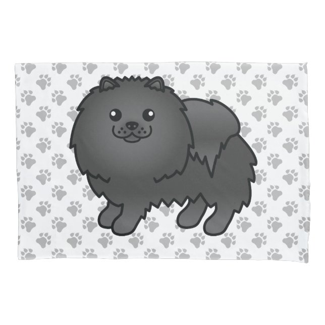 Black Pomeranian Cute Cartoon Dog & Paws Pillowcase (Front)