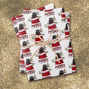 Black Pomeranian in Holiday Gift Bag Wrapping Paper Sheet