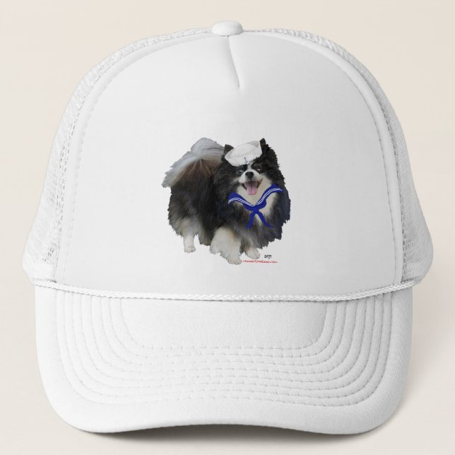 Black Pomeranian Sailor Trucker Hat (Front)