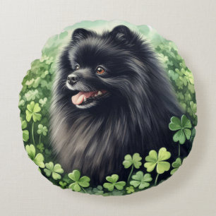 Black Pomeranian St Patricks Day Round Cushion