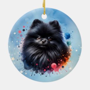 Black pomeranian watercolor illustration ceramic ornament