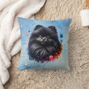 Black pomeranian watercolor illustration cushion