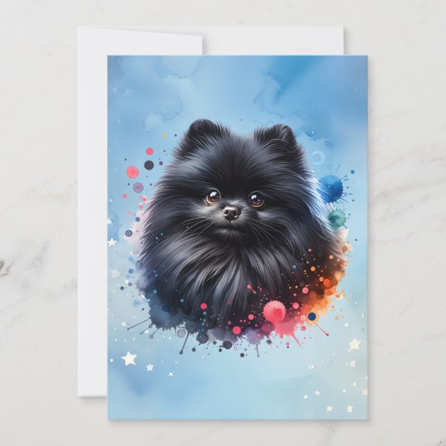 Black pomeranian watercolor illustration invitation (Front)