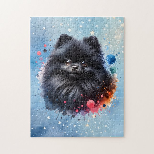 Black pomeranian watercolor illustration jigsaw puzzle (Vertical)