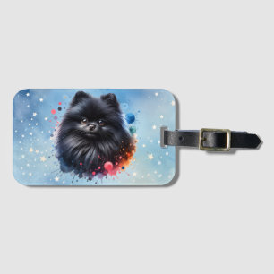 Black pomeranian watercolor illustration luggage tag