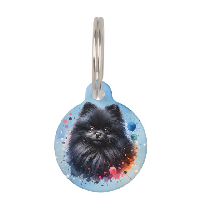 Black pomeranian watercolor illustration pet tag (Front)
