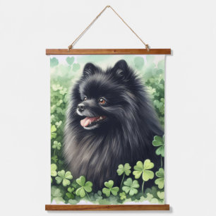 Black Pomeranian Watercolor St Patricks Day Hanging Tapestry