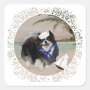 Black Pomeranian with Sailboat Square Sticker