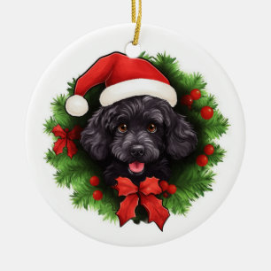 Black Poodle Christmas Wreath Ceramic Ornament