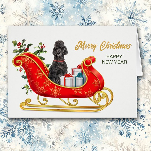 Black Poodle Dog Christmas Sleigh Holiday Card (Creator Uploaded)