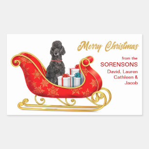 Black Poodle Dog Christmas Sleigh Rectangular Sticker