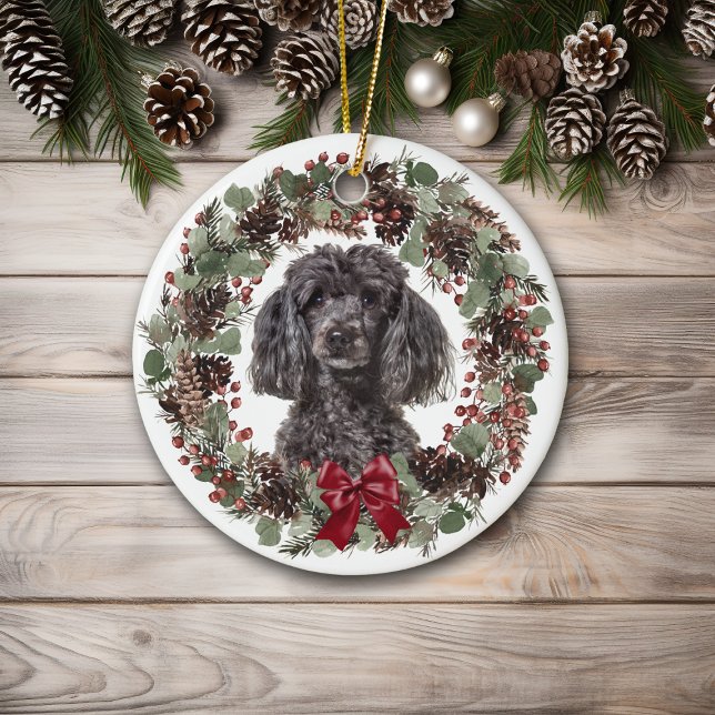 Black Poodle Dog Pinecone Wreath Personalised Ceramic Ornament (Creator Uploaded)