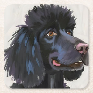 Black Poodle Dog Watercolor Pet Painting Square Paper Coaster