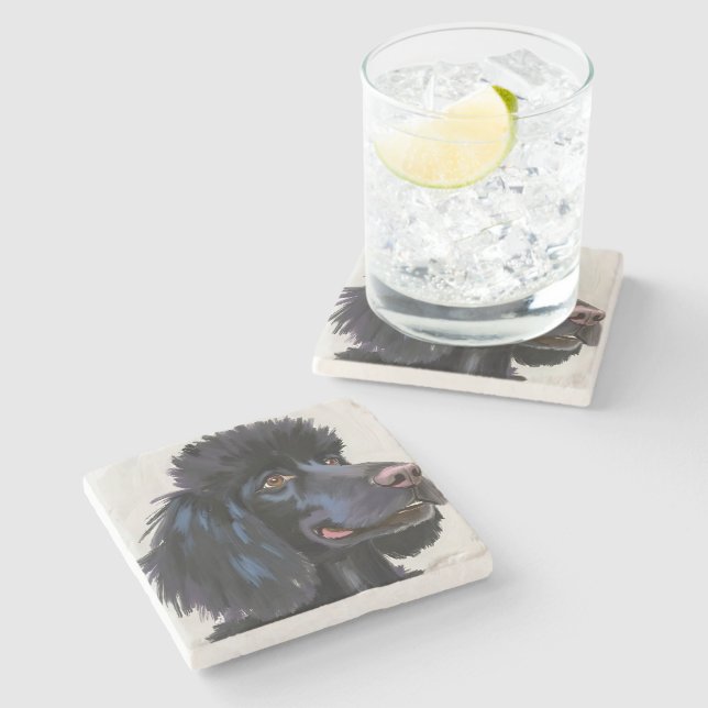 Black Poodle | Dog Watercolor Pet Painting Stone Coaster (Side)