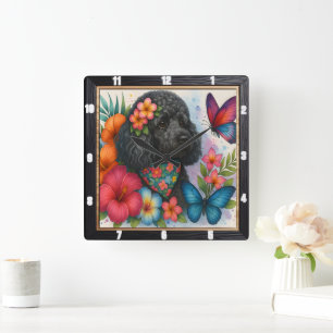 Black Poodle Floral Butterfly Art Square Wall Clock